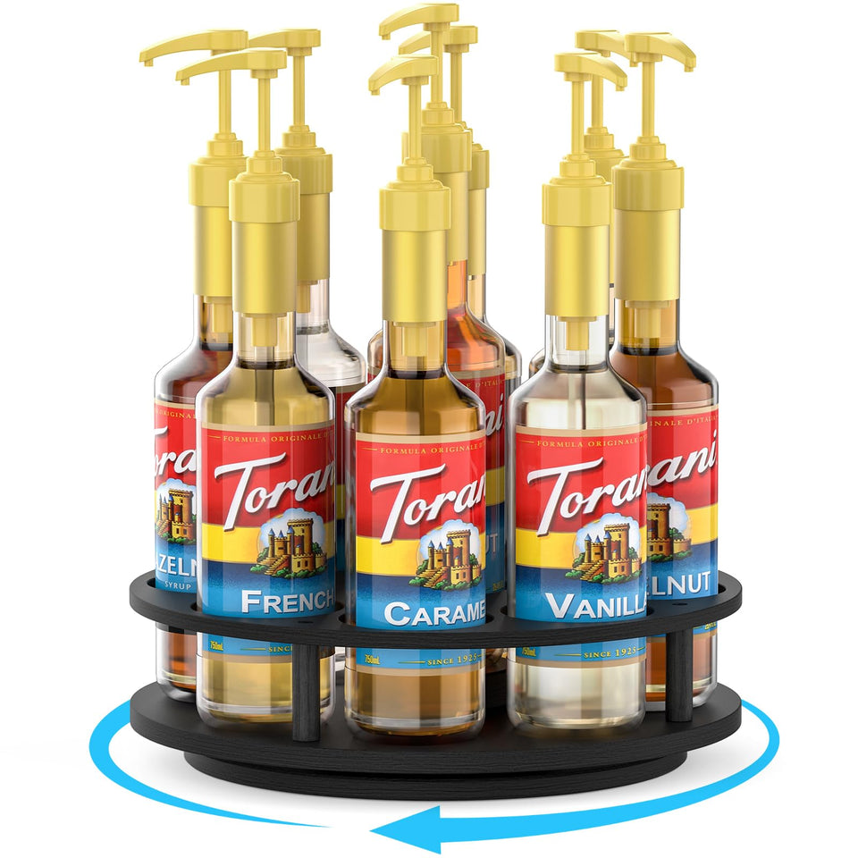 THYGIFTREE rotating syrup organizer on countertop offers easy access to nine flavors.