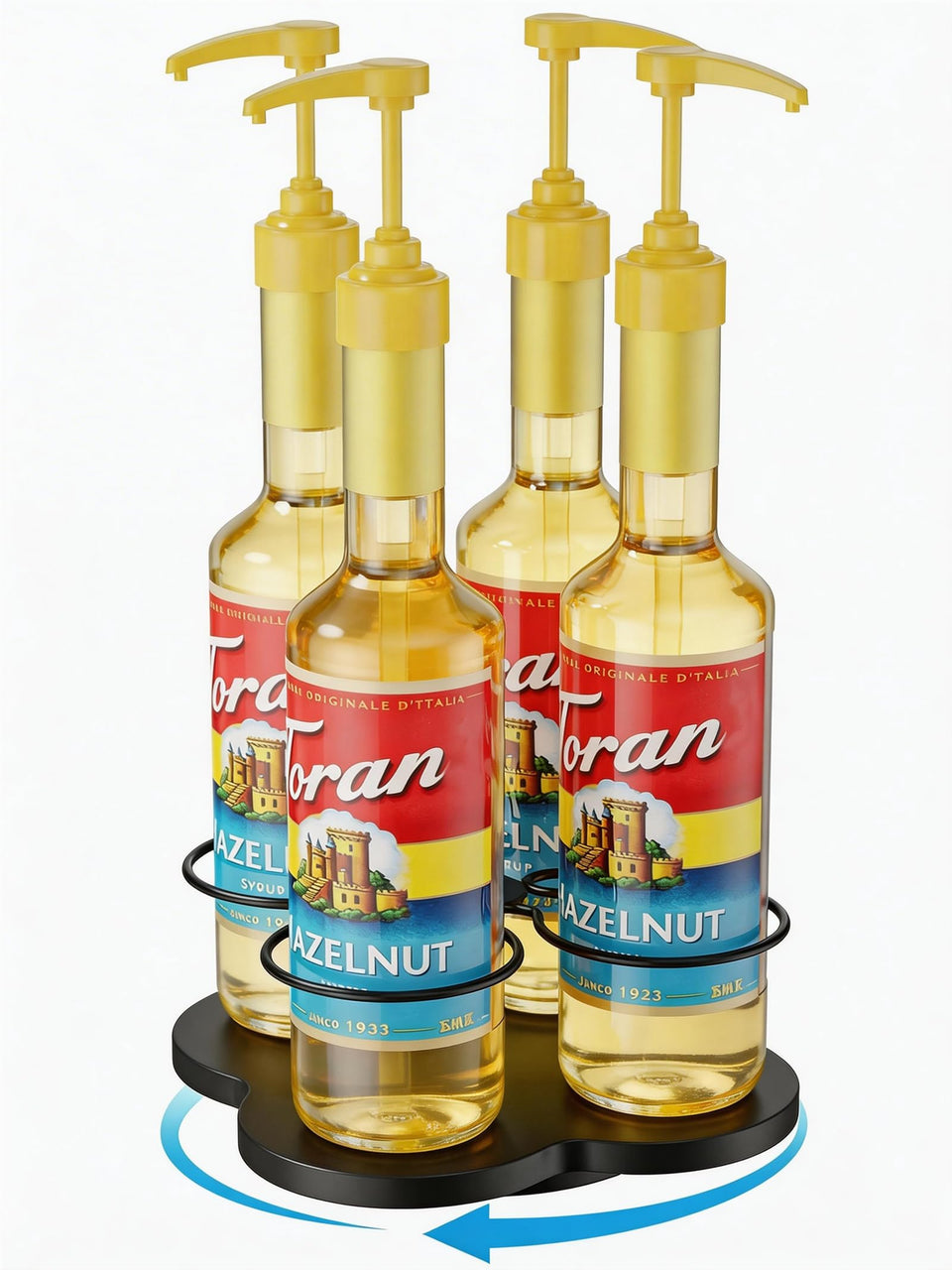 THYGIFTREE rotating syrup organizer displays four bottles for easy access and streamlined workflow.