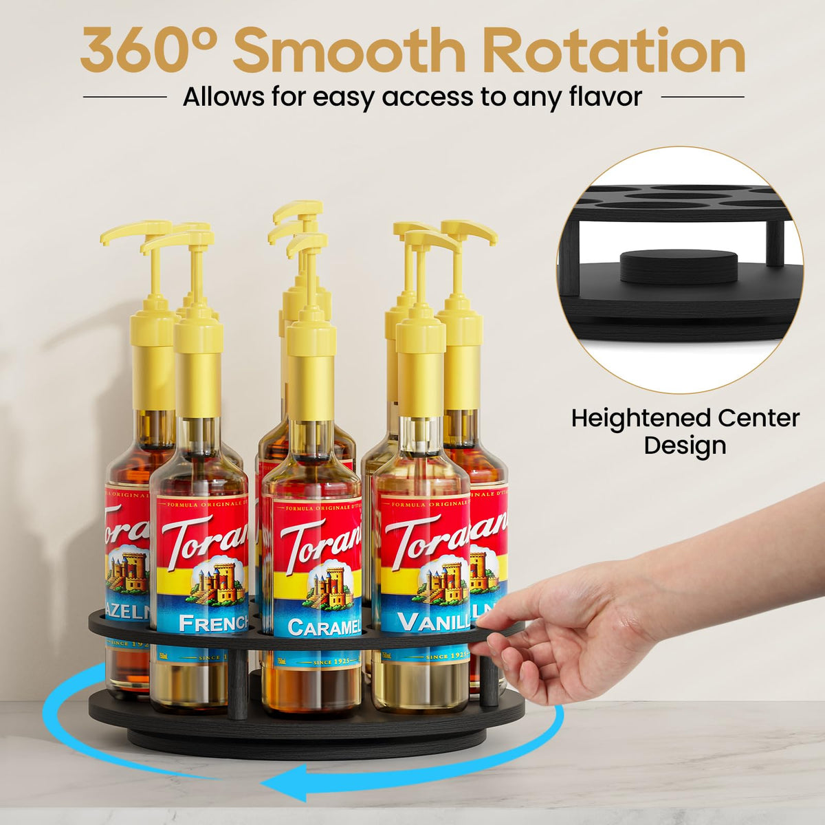 THYGIFTREE wooden base syrup rack displays bottles in a neat, accessible turntable.