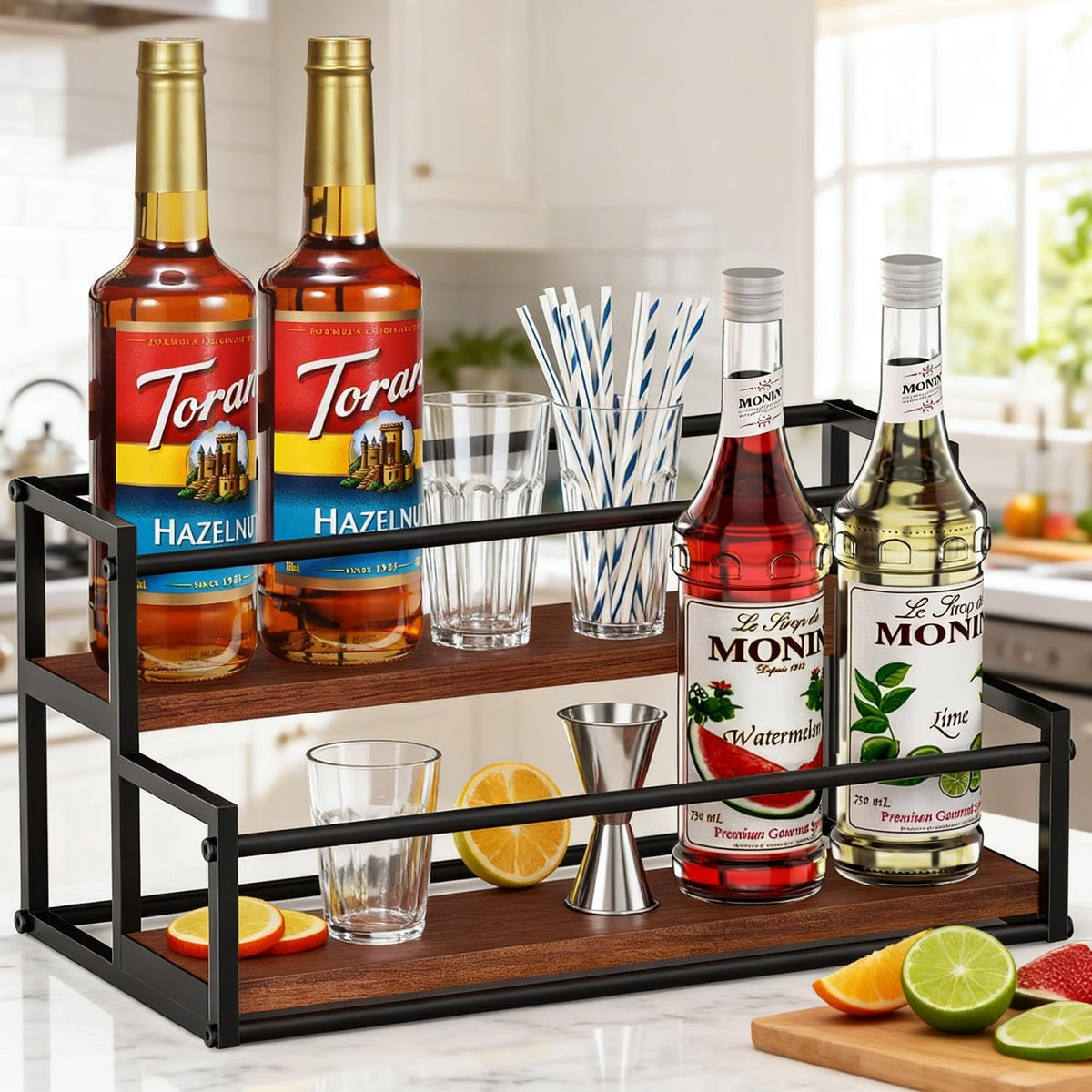 THYGIFTREE syrup rack on a counter keeps bottles within easy reach.