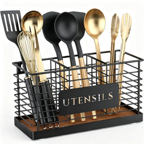 THYGIFTREE large black metal utensil holder with wood base keeps spatulas within easy reach.