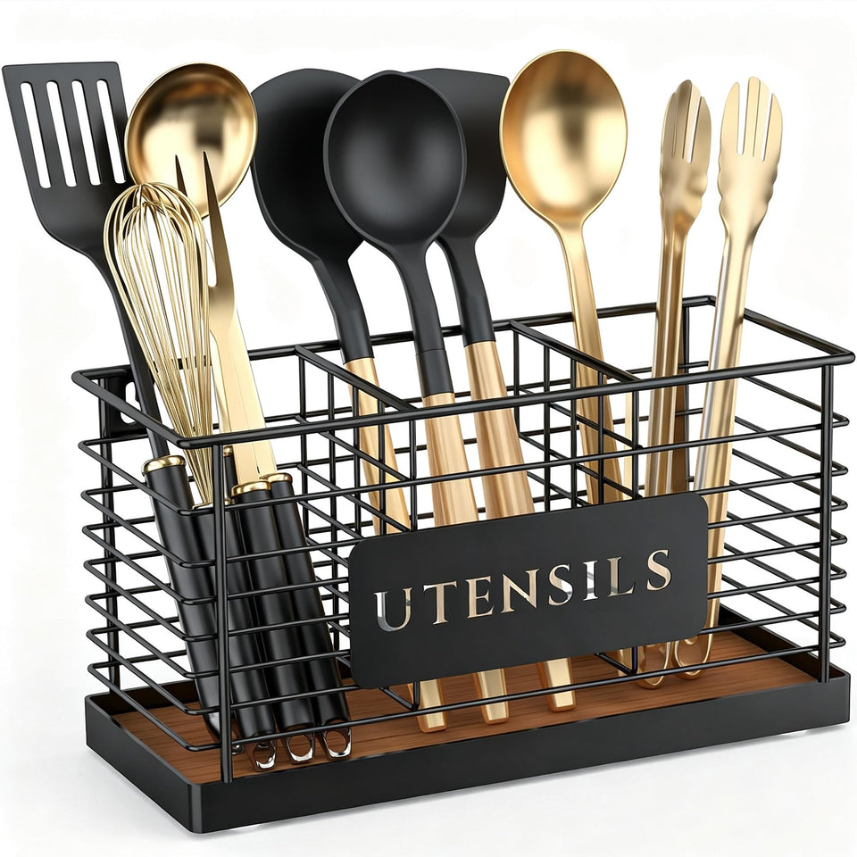 THYGIFTREE large black metal utensil holder with wood base keeps spatulas within easy reach.