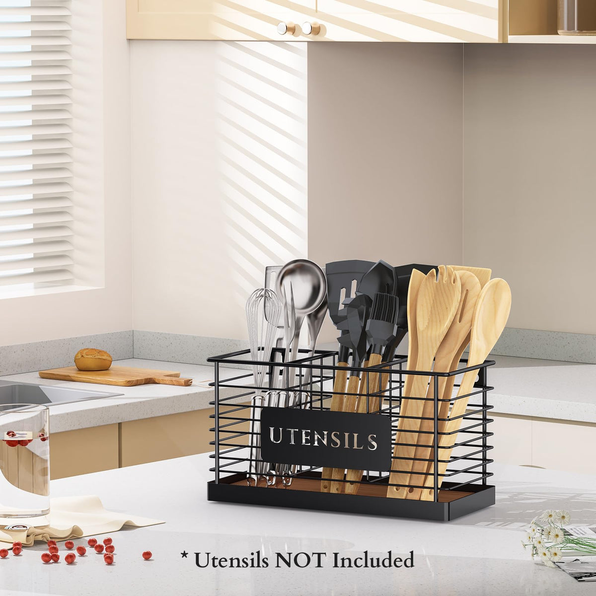 THYGIFTREE three-compartment organizer helps separate spoons, ladles, and tongs for quick access.