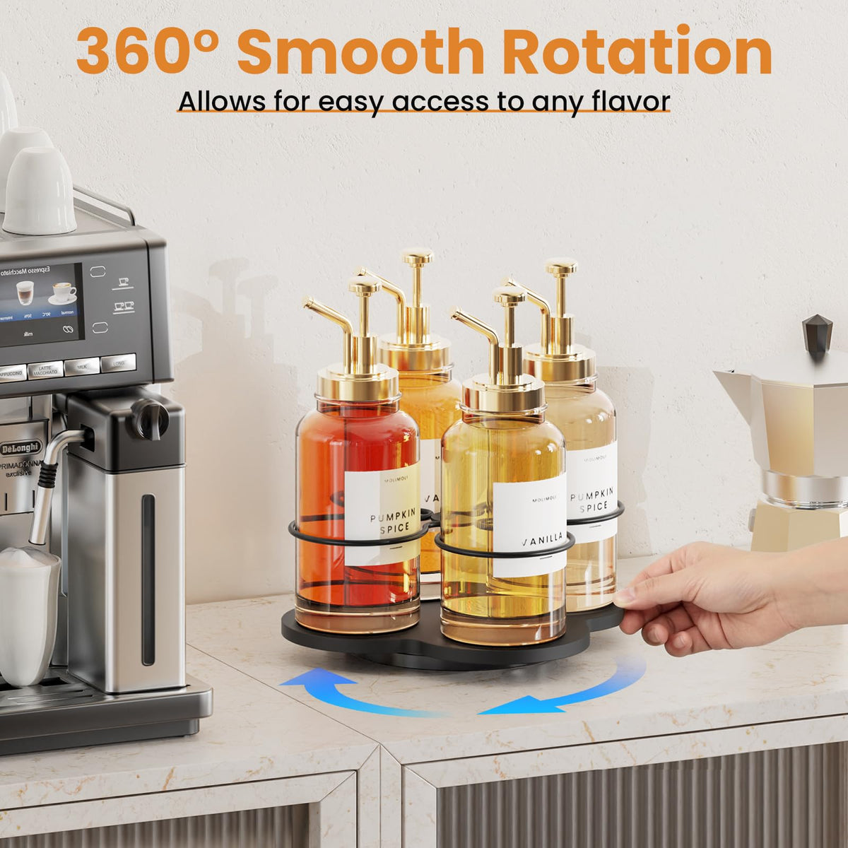 THYGIFTREE wood syrup holder highlights natural material for a warm, rustic coffee station.