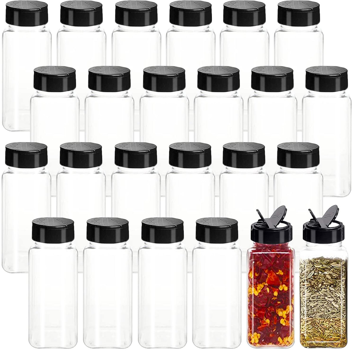 Tiaiidi 24-pack square spice jars with black lids for organized storage.