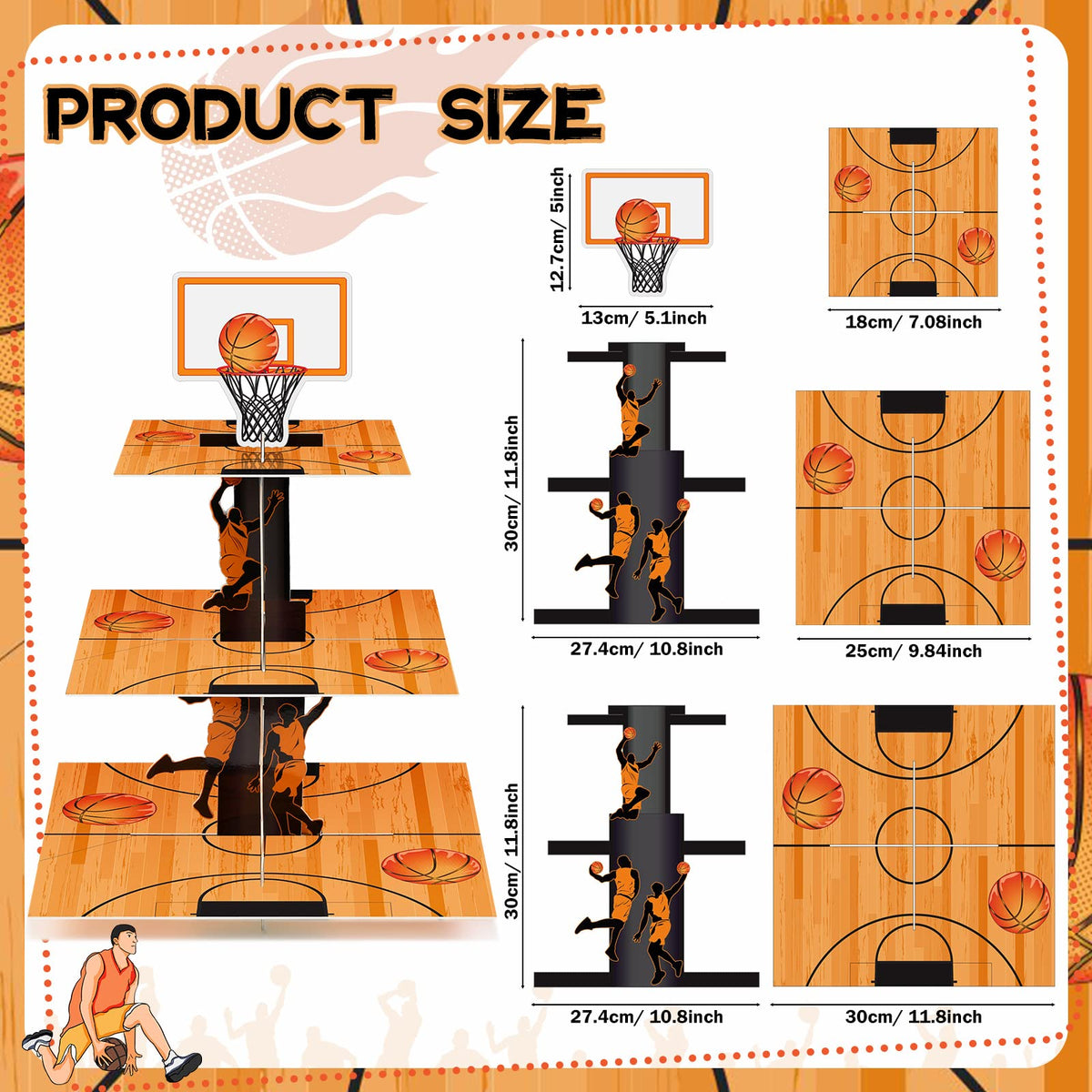 Tiamon basketball cupcake stand side view showing three levels.