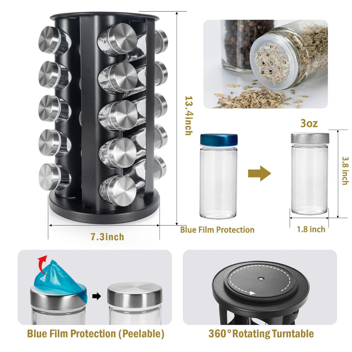 Tianifa spice rack with 360-degree rotation for quick spice access