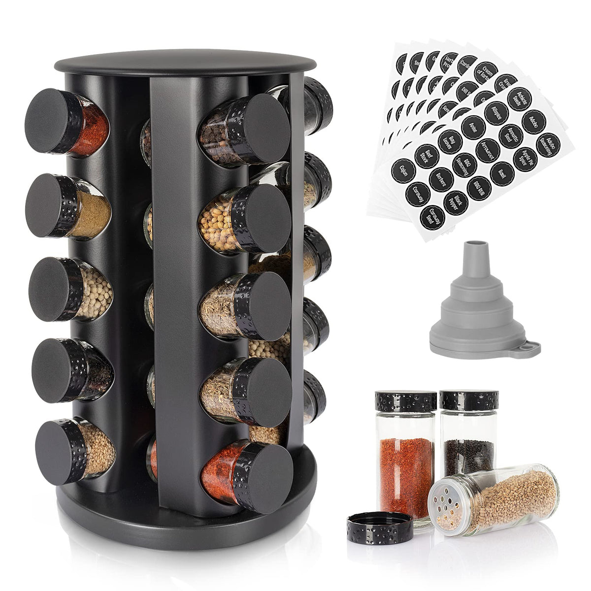 Tianifa black rotating spice rack with 20 glass jars for quick access.