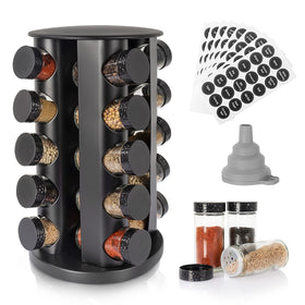 Tianifa black rotating spice rack with 20 glass jars for quick access.