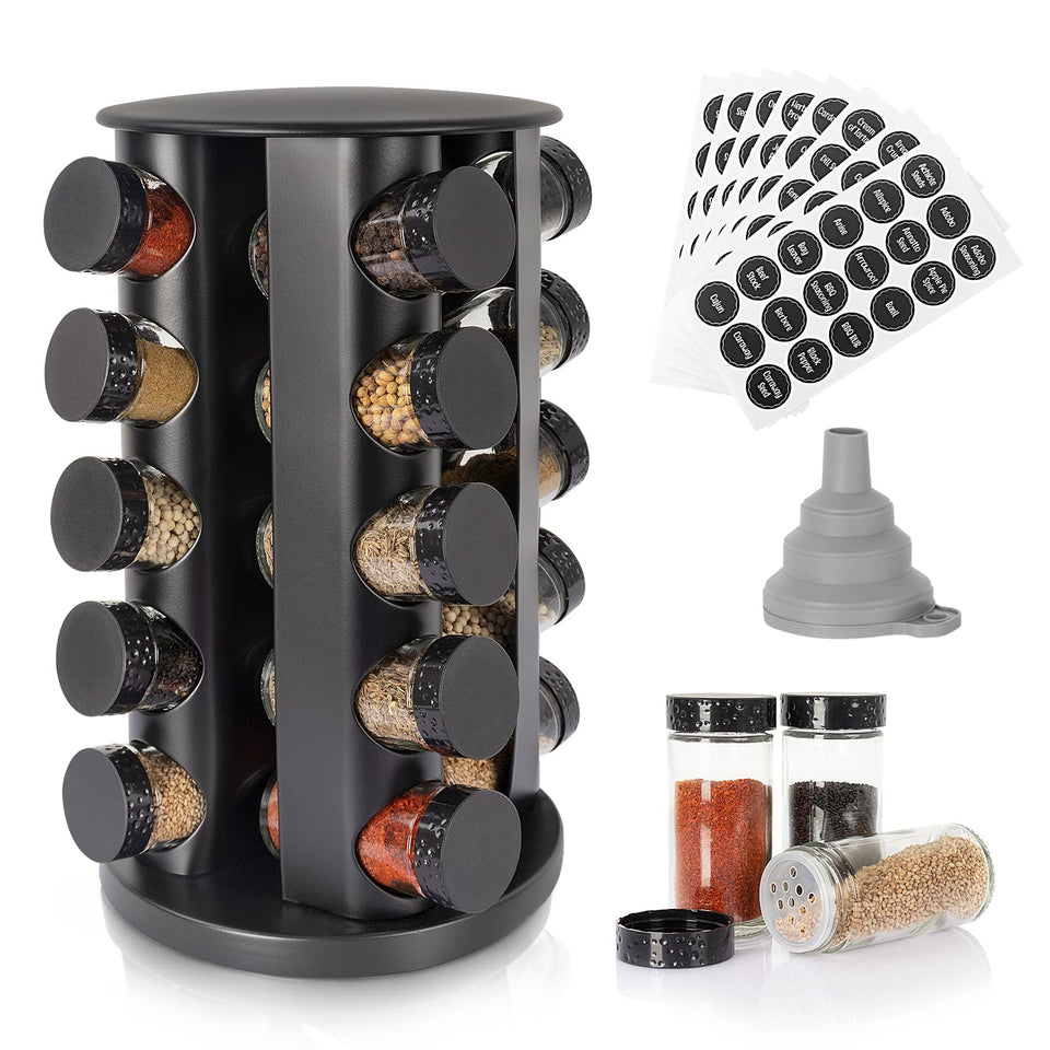 Tianifa black rotating spice rack with 20 glass jars for quick access.