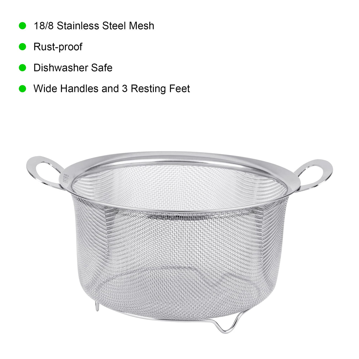 Tiawudi 18/8 stainless steel colander highlights sturdy rim and durability.
