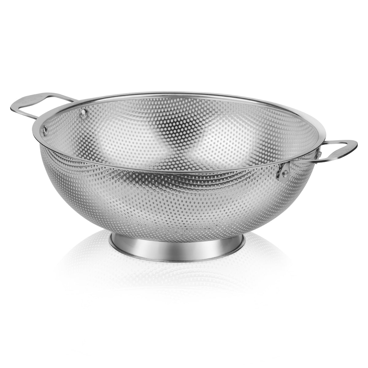 Tiawudi 6-Qt colander side view highlighting sturdy riveted handles