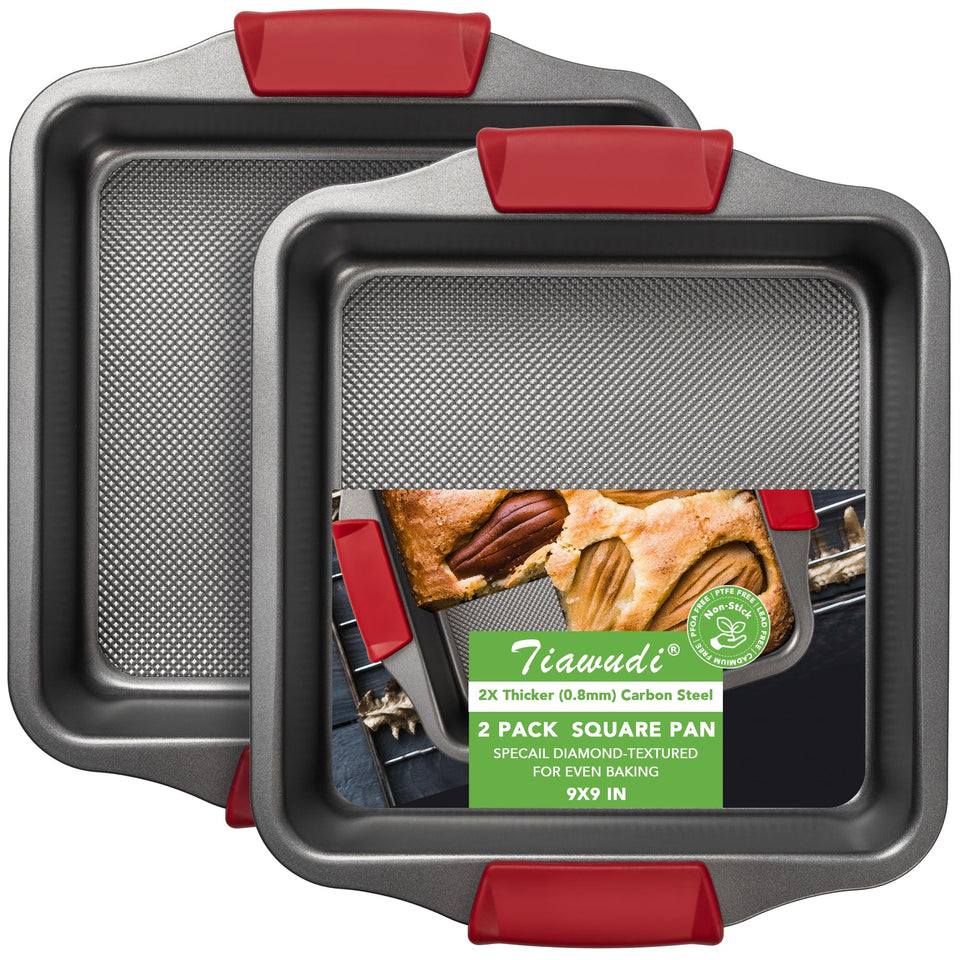 Tiawudi 9-inch square cake pan set shown together for even browning.