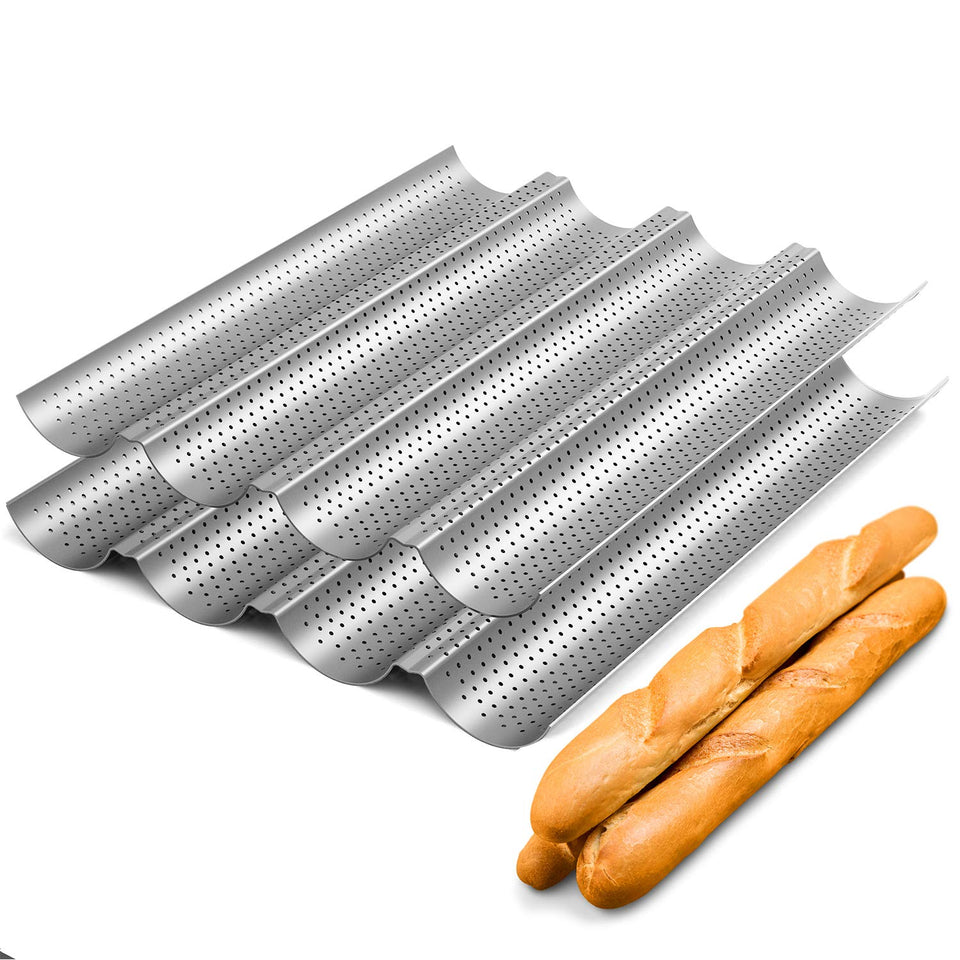 Tiawudi baguette pan 15x13 left view highlights durable perforated design for even browning