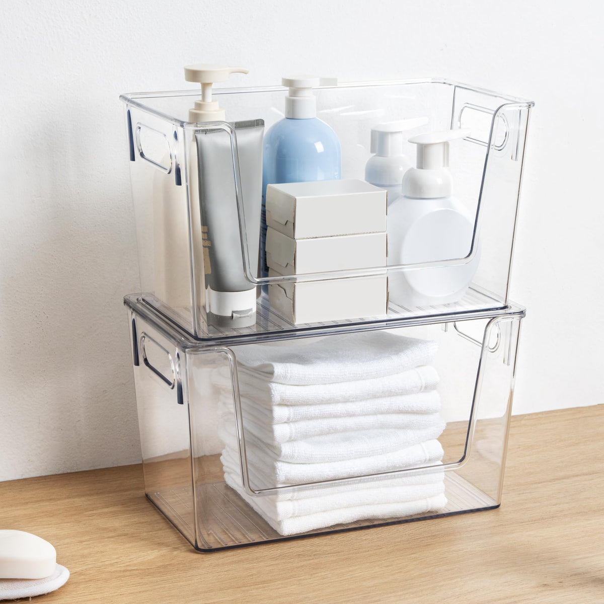 Tiawudi large clear organizer bin for kitchen counter and shelves.