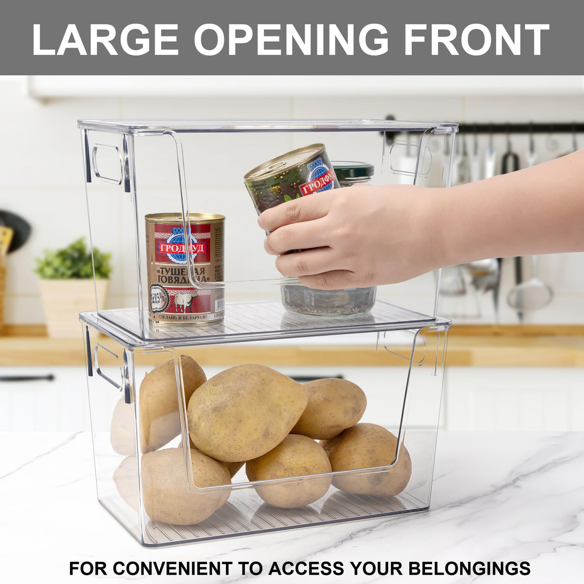 Tiawudi stackable bin with built-in handles for easy shelf moves.
