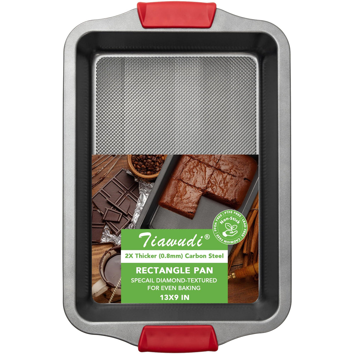 Tiawudi 13x9 cake pan with diamond texture base ensures even heating for consistent bakes.