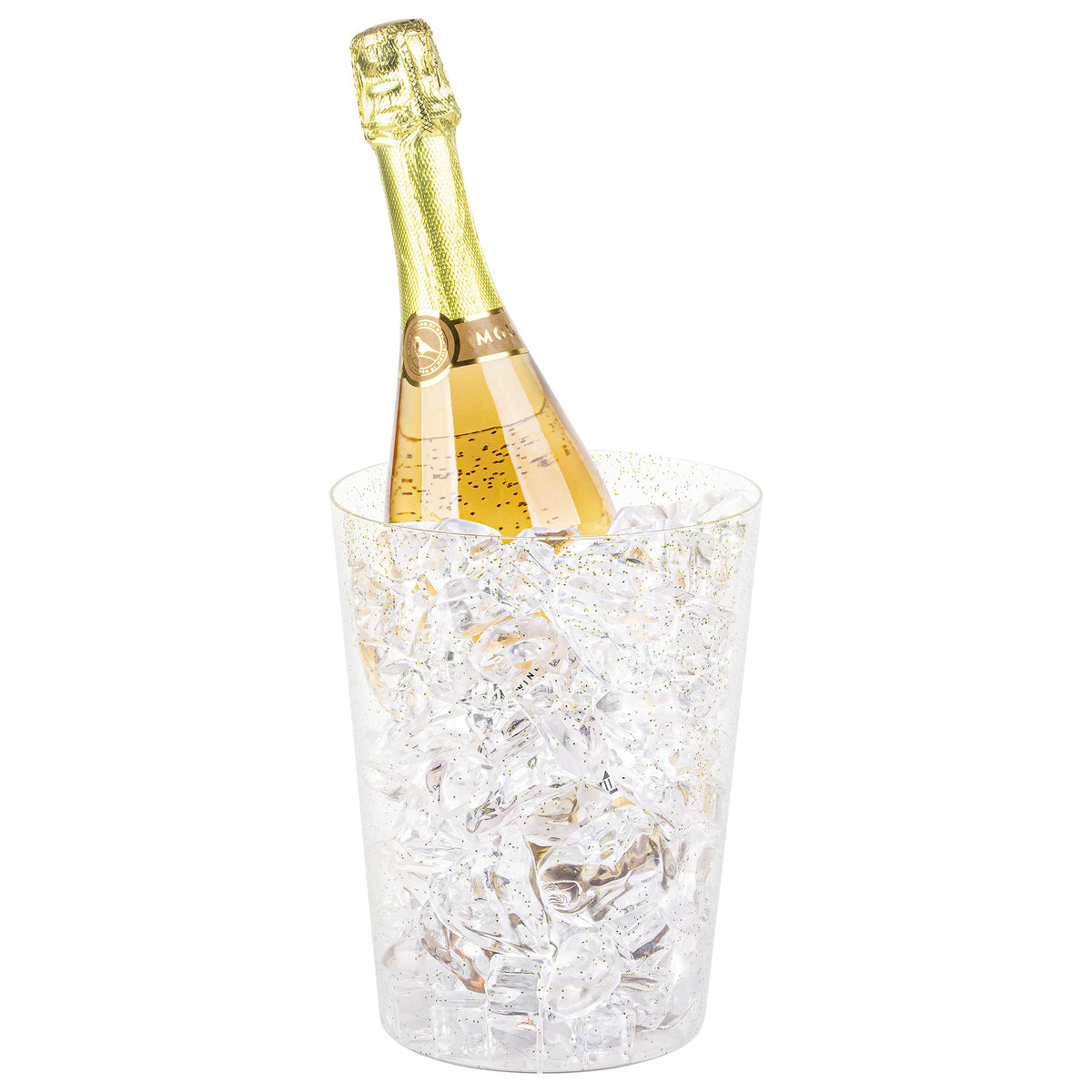 Tiawudi champagne bottle nestled in a glitter ice bucket.