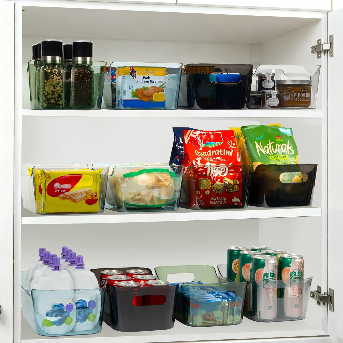 Tiawudi fridge storage bin keeps condiments and produce neatly visible.