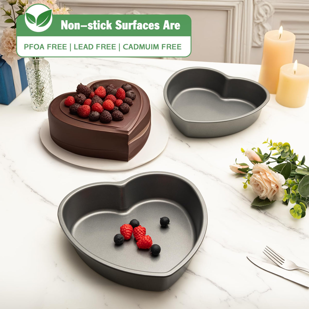 Tiawudi heart cake pan interior reveals 9.8 inch baking area for generous layers.