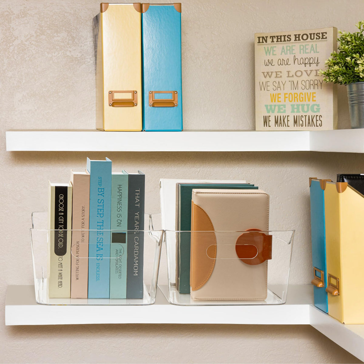 Tiawudi organization bin on shelves for tidy, accessible shelving.