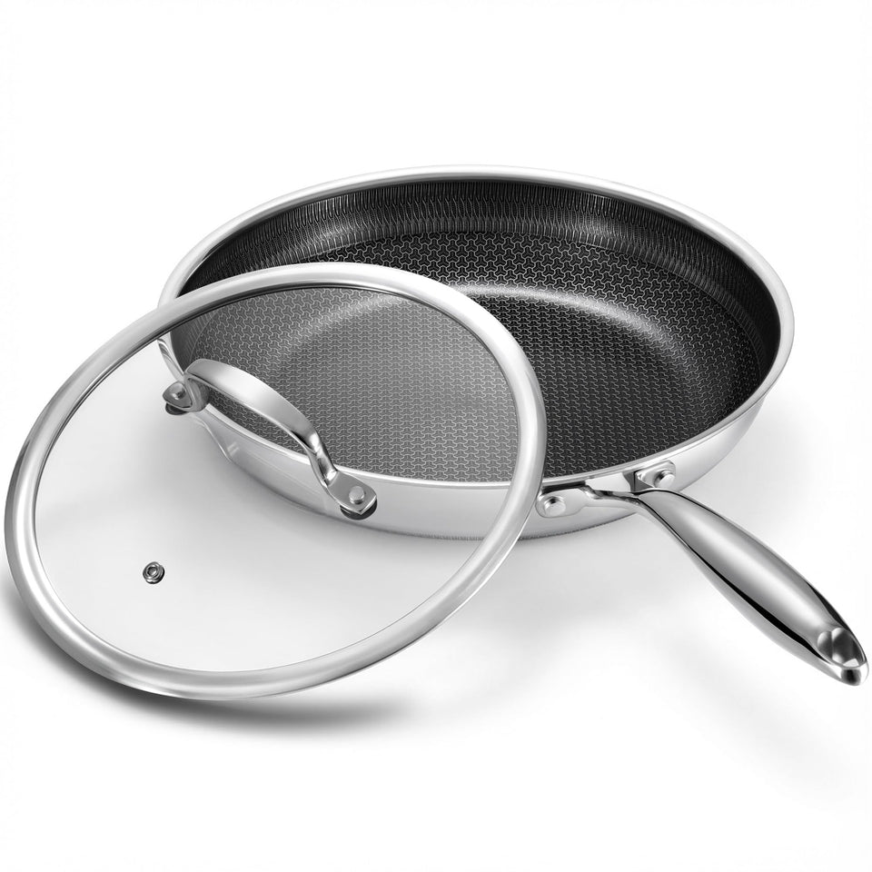 Tibbicc 10 inch non-stick frying pan with lid showing easy release for eggs and pancakes