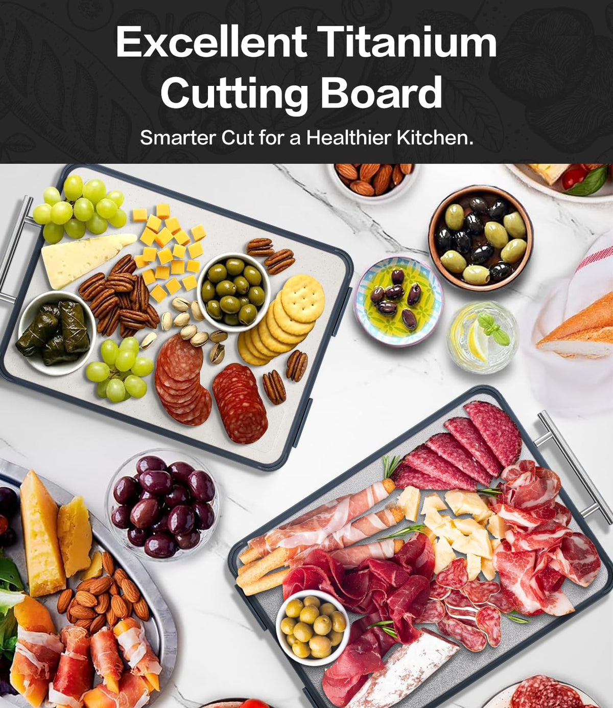 2-in-1 design on Tibbicc board for separating meats and produce.