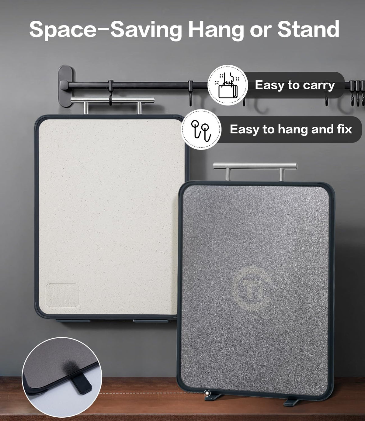 Tibbicc cutting board with rotatable stand, easy upright storage and drying.