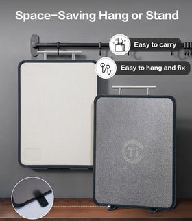 Tibbicc cutting board with rotatable stand, easy upright storage and drying.