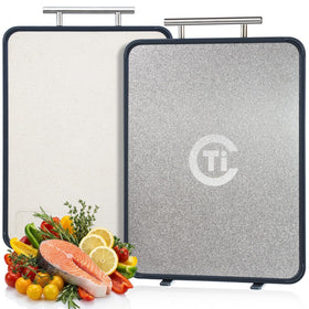 Tibbicc titanium cutting board dual-sided for meats and vegetables, minimizes cross-flavor transfer.