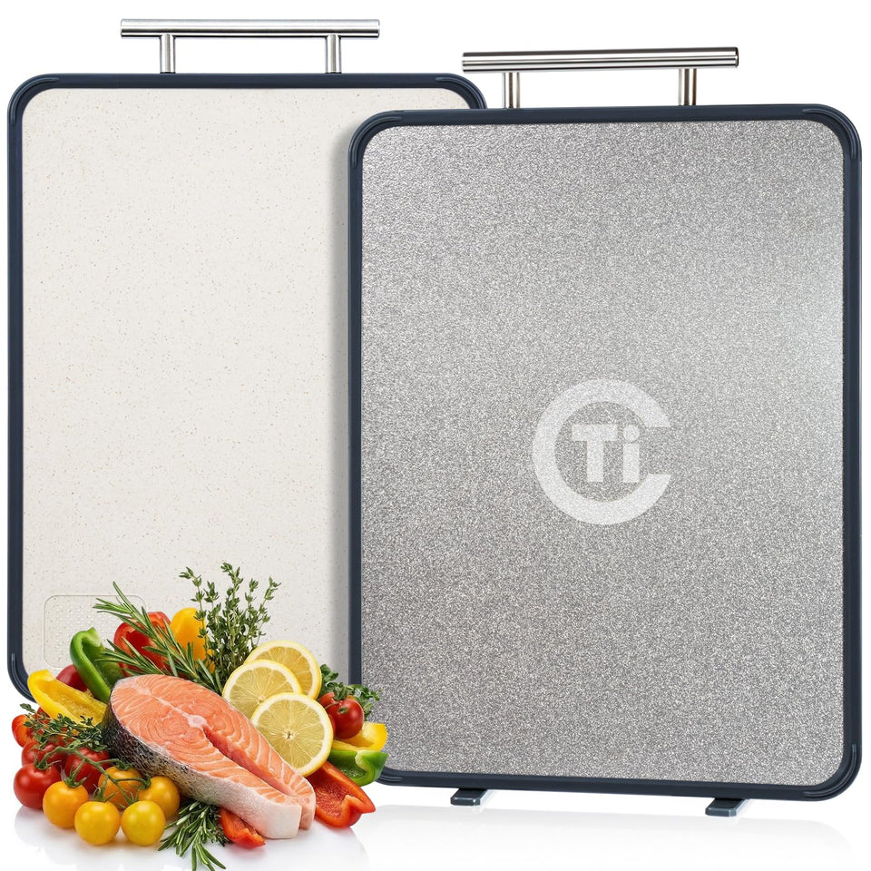 Tibbicc titanium cutting board dual-sided for meats and vegetables, minimizes cross-flavor transfer.