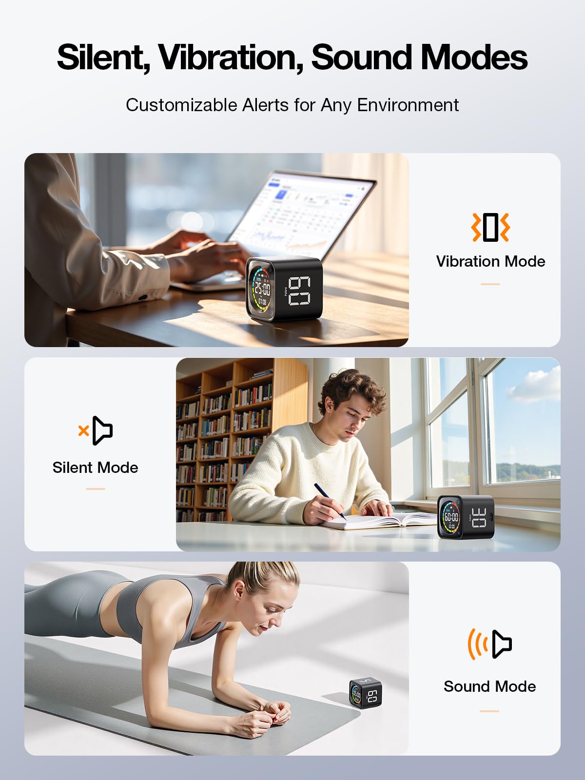 Ticktime TK3 alert modes include sound, vibration, and silent.