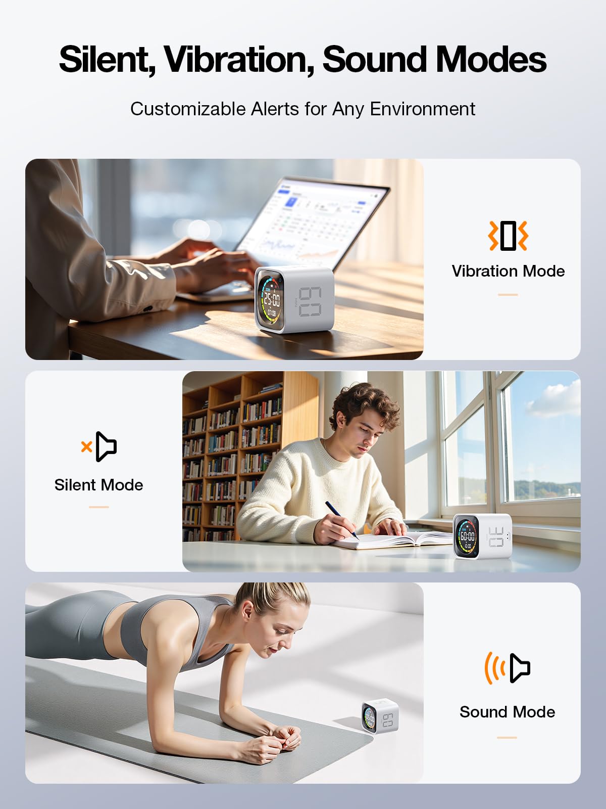 Ticktime TK3 three alert modes: sound, vibration, or silent