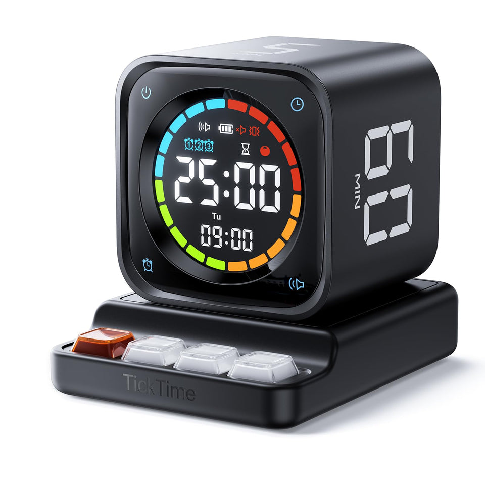 Ticktime TK3 pomodoro timer on desk for focused work sessions.