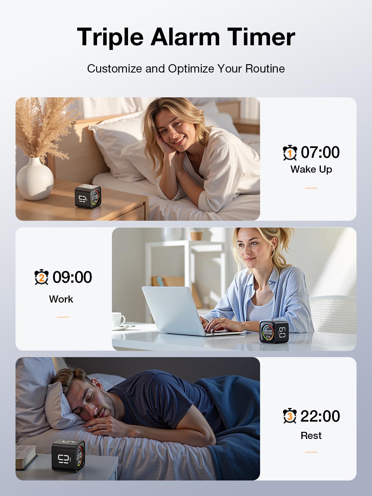 Ticktime TK3 triple alarm setup supports daily routines.