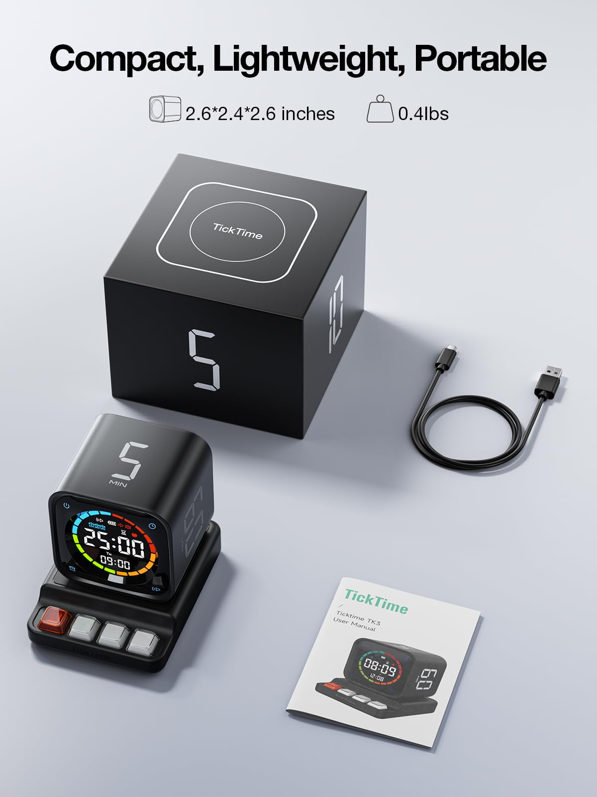 Ticktime TK3 USB C recharge base powers timer on the go