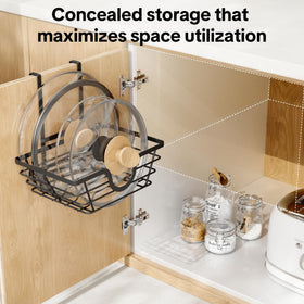 Adjustable-height lid holder fits various cabinet heights for flexible storage.