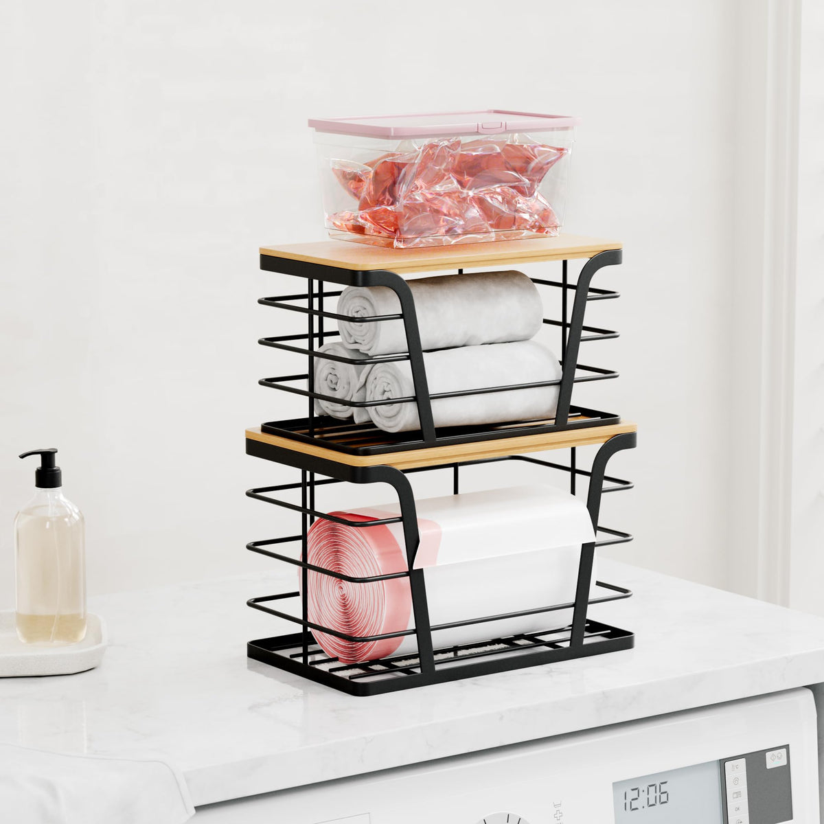 Tidiiabode kitchen and laundry storage helps tidy shelves.