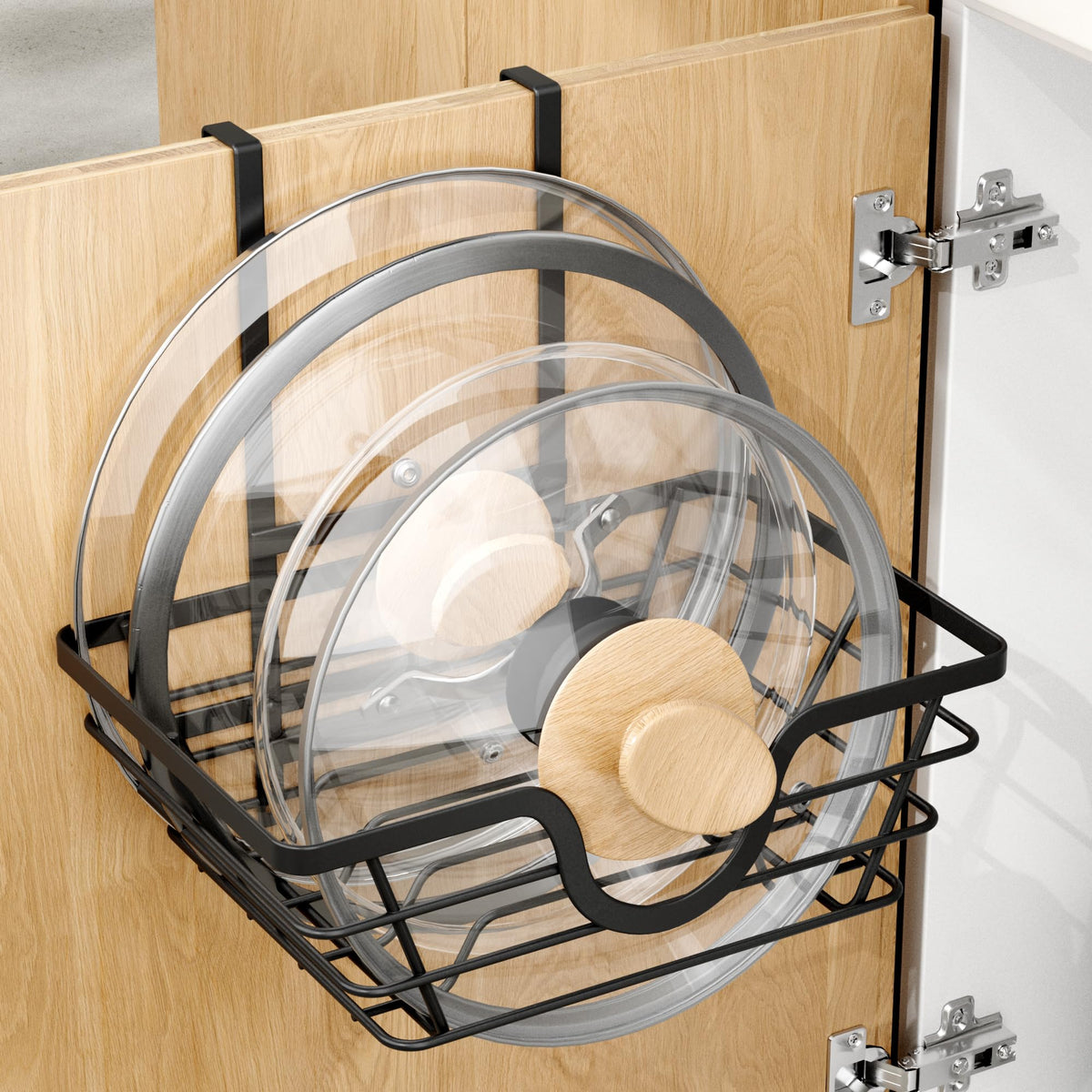 TIDIIABODE pot lid organizer mounted inside cabinet door for easy lid access.