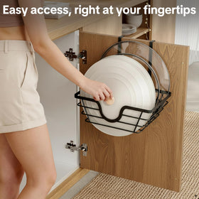 Sturdy reinforced steel lid rack holds heavy glass and ceramic lids.