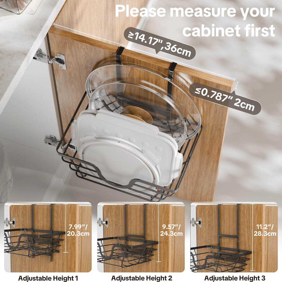 Three-level adjustable height allows custom lid organization.