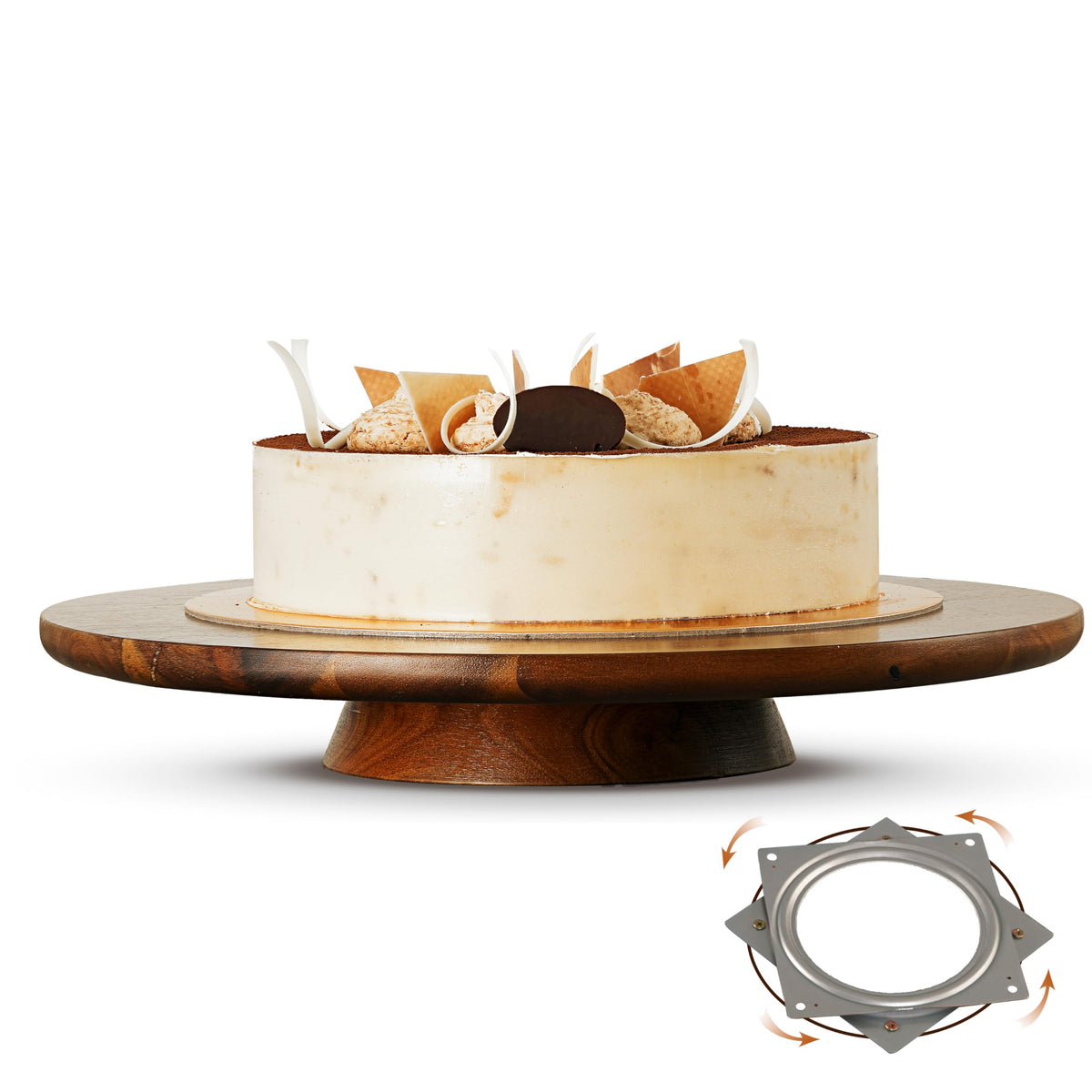 Tidita 13-inch acacia cake stand rotating base shown on a dessert table for elegant display