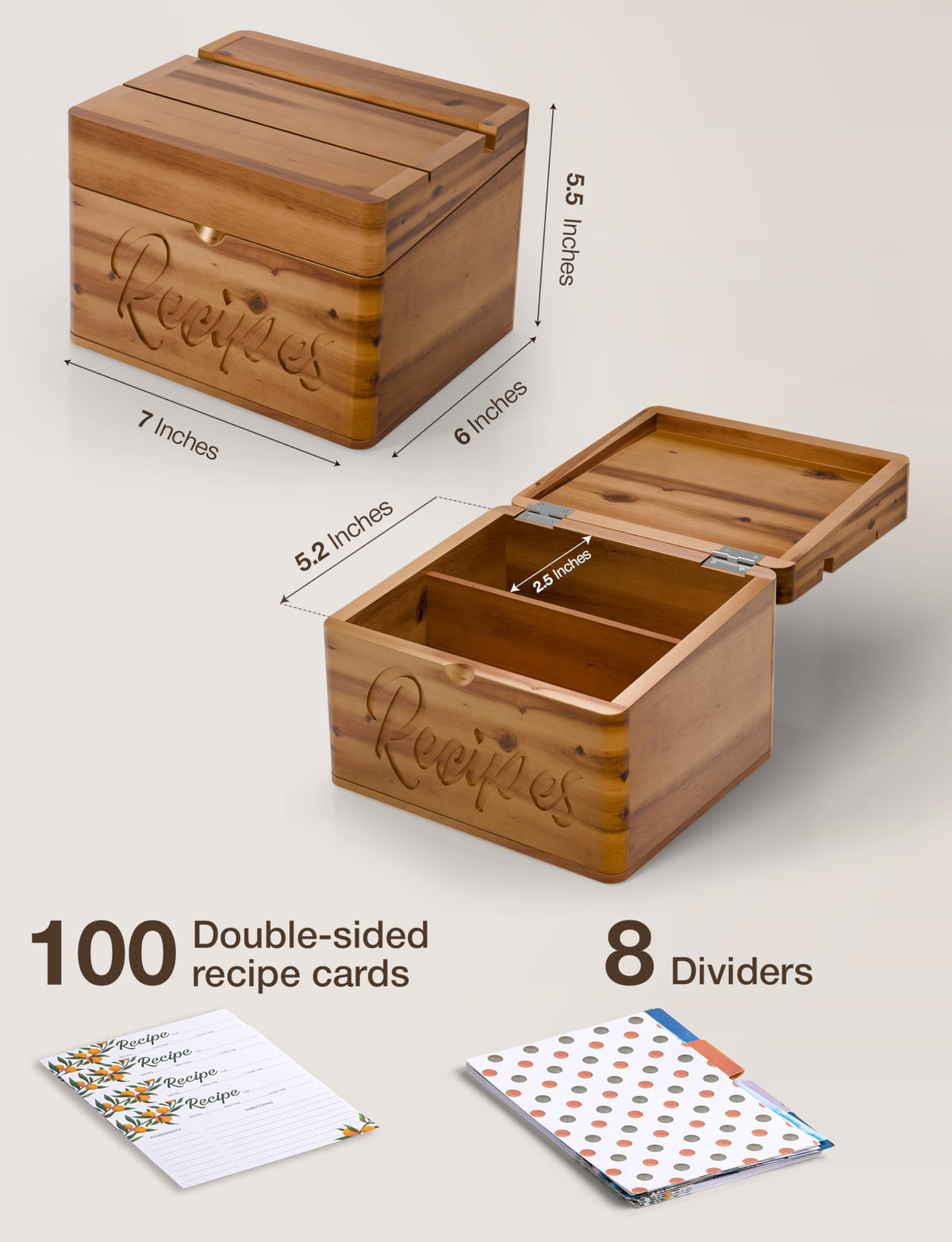 Tidita Acacia box includes 100 4x6 recipe cards and eight dividers for planning
