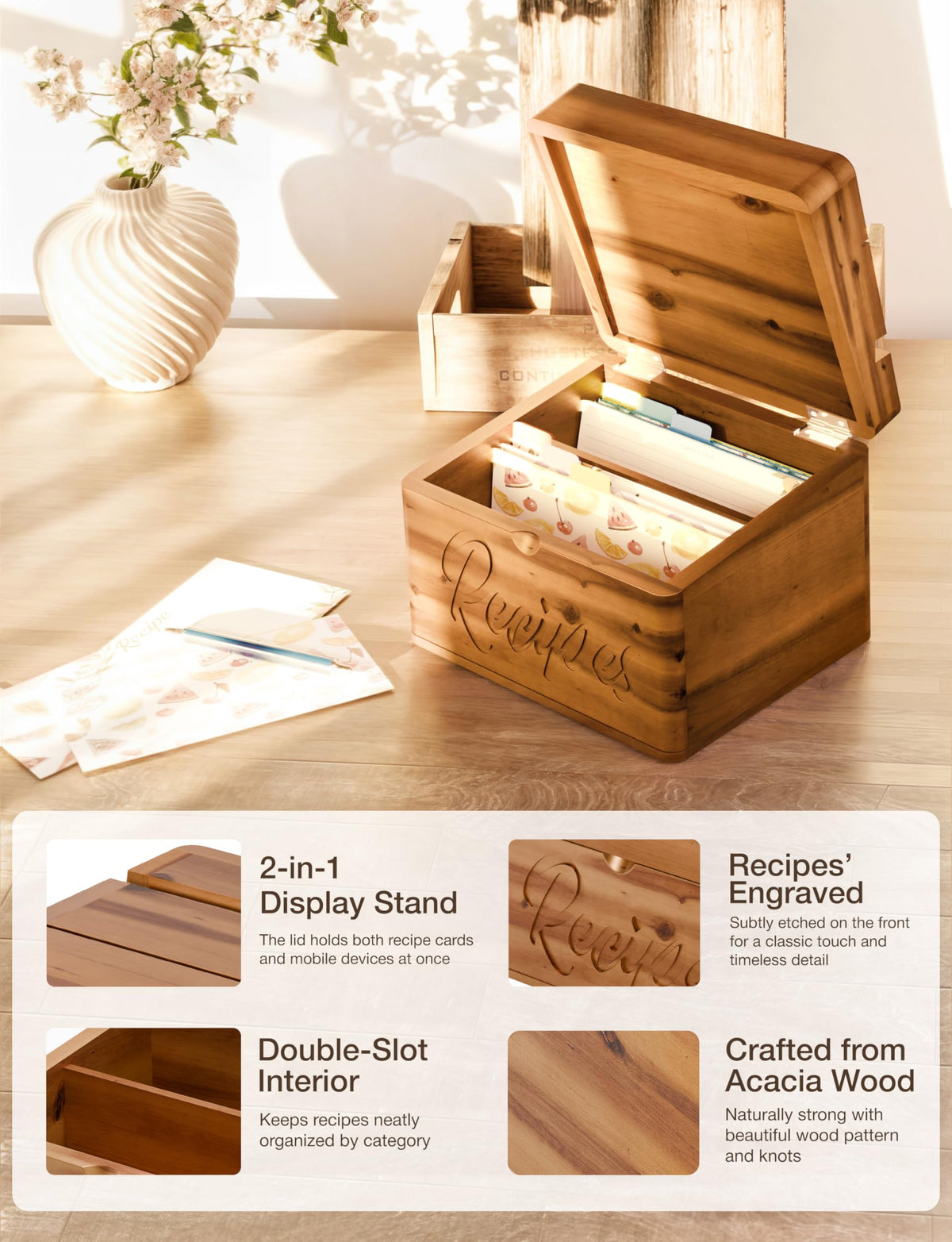 Tidita Acacia wooden box with two compartments for recipes and notes