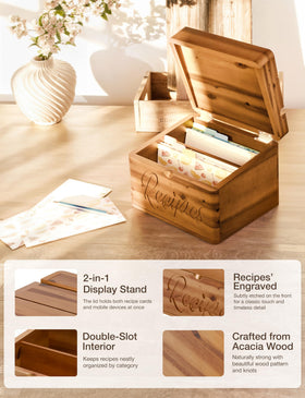 Tidita Acacia wooden box with two compartments for recipes and notes