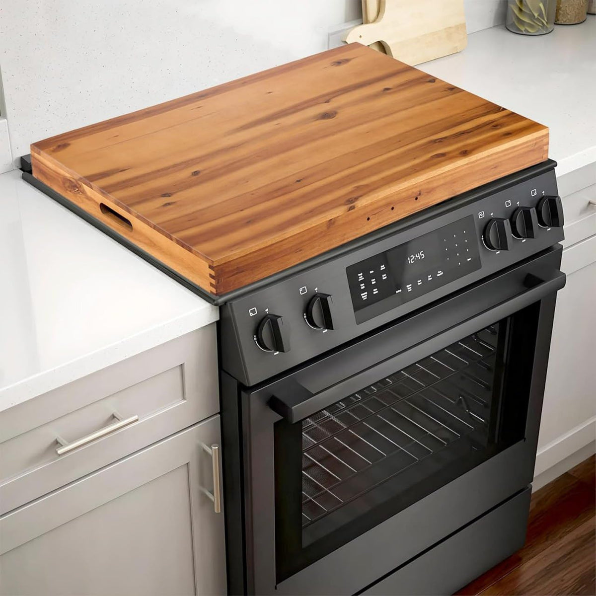 Tidita acacia stove top cover outer view adds extra counter space.
