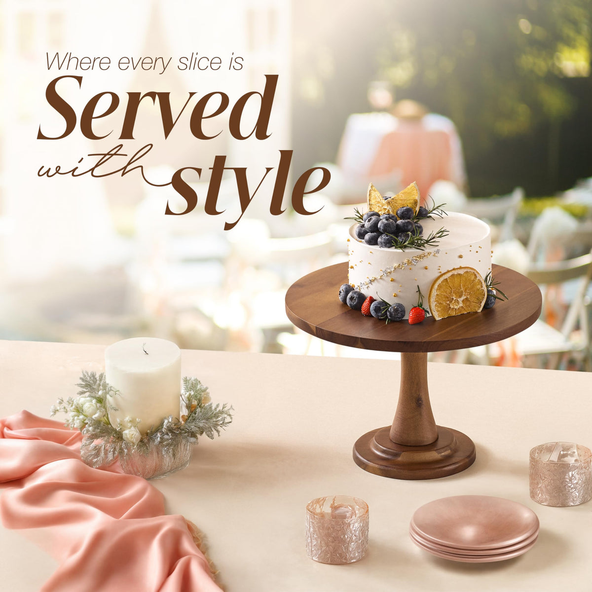 Tidita acacia wood cake stand on a kitchen counter ready for serving