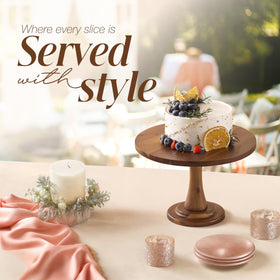 Tidita acacia wood cake stand on a kitchen counter ready for serving
