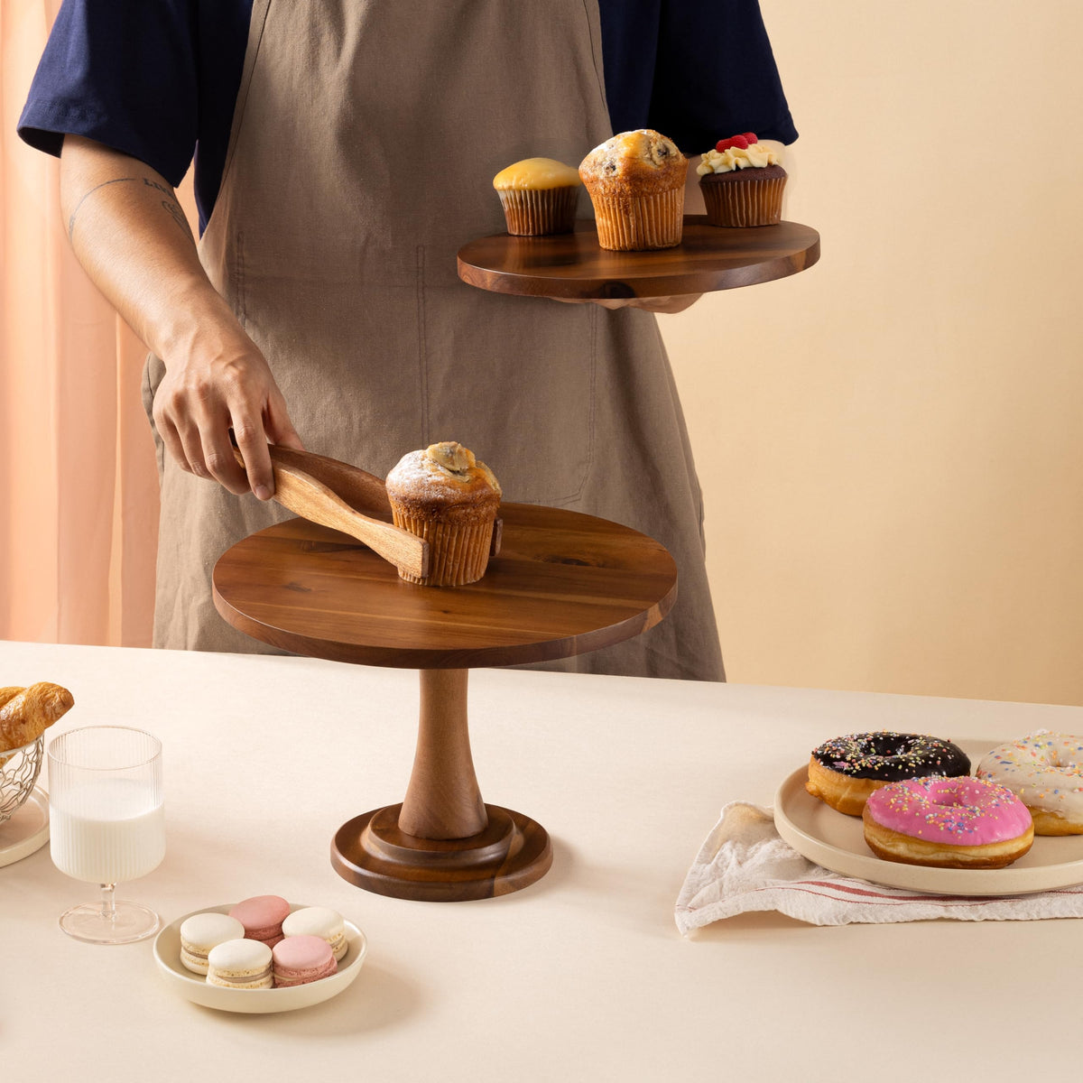 Tidita acacia wood cake stand side view highlighting rustic charm for parties