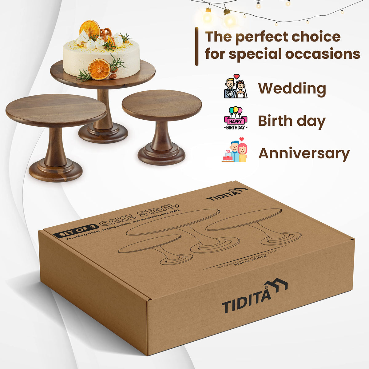 Tidita acacia pedestal display elevates cupcakes and cookies with natural texture.